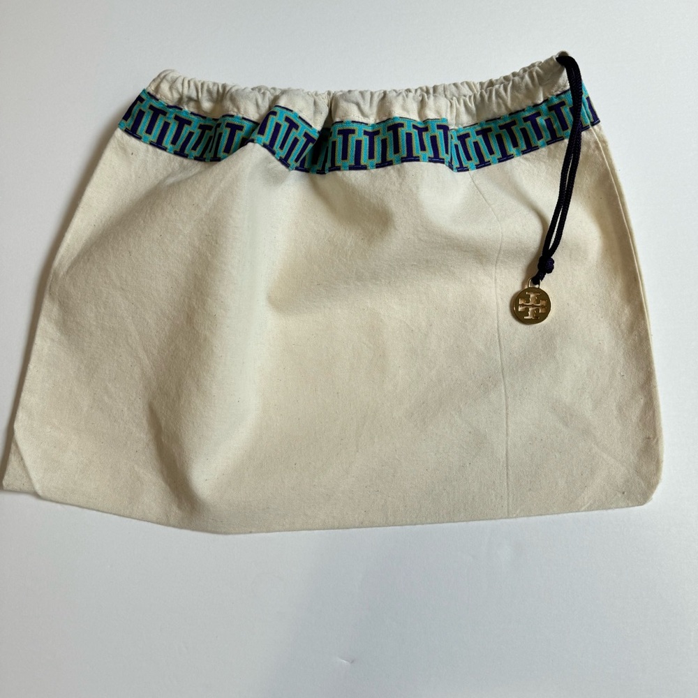 Tory Burch Canvas Drawstring Dust Bag Blue Trim Gold Logo Charm